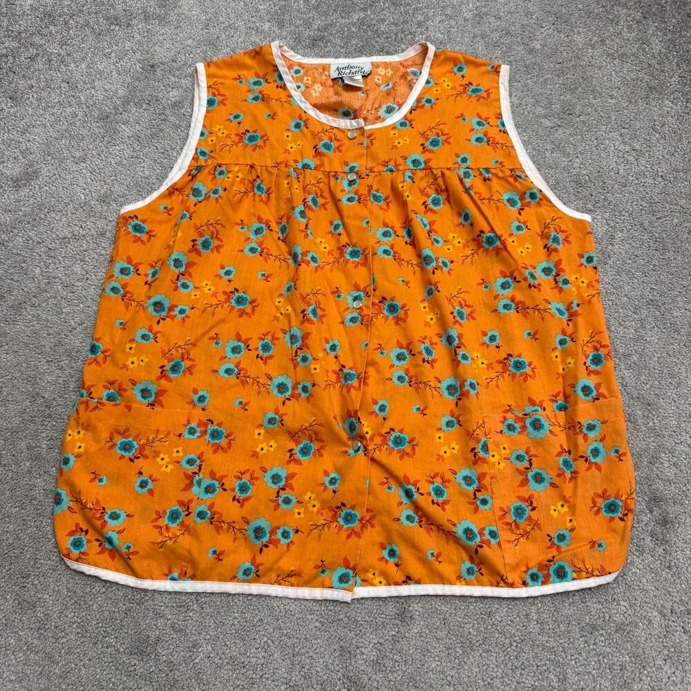 Vintage Anthony Richards Pearl Snap Apron Vest Top Womens XL Orange Green Floral